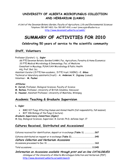SUMMARY of ACTIVITIES for 2010 Celebrating 50 Years of Service to the Scientific Community