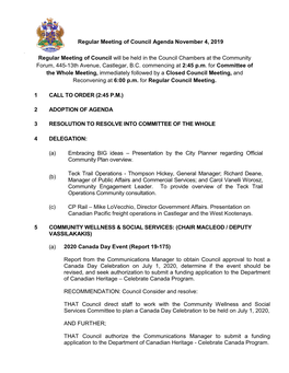 Regular Meeting of Council Agenda November 4, 2019