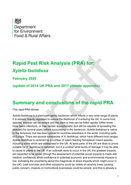 Rapid Pest Risk Analysis (PRA) For: Summary And