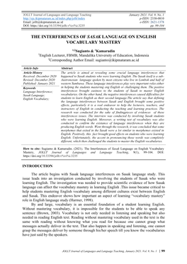 The Interferences of Sasak Language on English Vocabulary Mastery