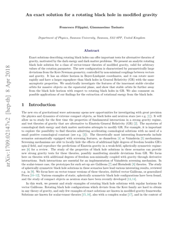 Arxiv:1709.02147V2 [Hep-Th] 8 Apr 2018 of Spherically Symmetric Black Hole Solutions in These Scenarios Have Lead Various Interesting Results, Reviewed E.G