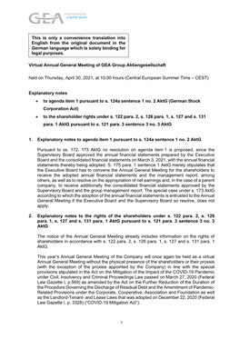 Virtual Annual General Meeting of GEA Group Aktiengesellschaft Held on Thursday, April 30, 2021, at 10:00 Hours (Central European Summer Time – CEST)