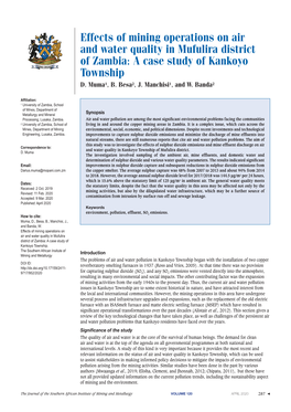 Effects of Mining Operations on Air and Water Quality in Mufulira District of Zambia: a Case Study of Kankoyo Township D