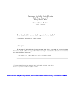 Problems for Solid State Physics (3Rd Year Course 6) Hilary Term 2011