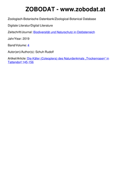 Die Käfer (Coleoptera) Des Naturdenkmals „Trockenrasen“ in Tattendorf 145-156 BCBEA 4/2 (November 2019) – Schuh: Käfer Trockenrasen Tattendorf