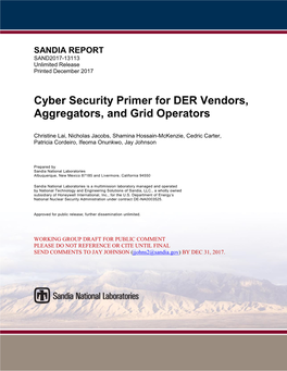 Cyber Security Primer for DER Vendors, Aggregators, and Grid Operators