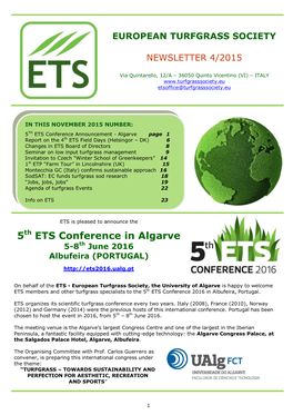 5Th ETS Conference in Algarve 5-8Th June 2016 Albufeira (PORTUGAL)