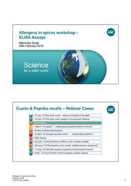 Allergens in Spices Workshop - ELISA Assays Malvinder Singh 28Th February 2018