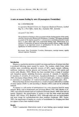 A Note on Manna Feeding by Ants (Hymenoptera: Formicidae) Co-Operative Research Centre for Temperate Hardwood Forestry, Locked B