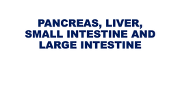 PANCREAS, LIVER, SMALL INTESTINE and LARGE INTESTINE PANCREAS Anatomy of Pancreas the Pancreas Is a Pale Grey Gland Weighing About 60 Grams