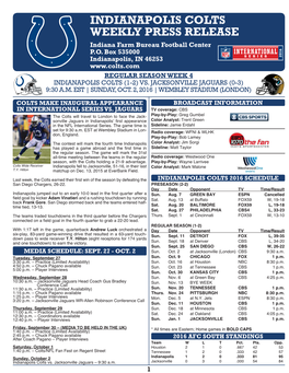 INDIANAPOLIS COLTS WEEKLY PRESS RELEASE Indiana Farm Bureau Football Center P.O