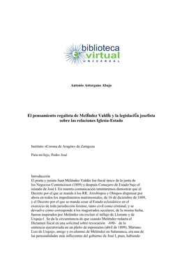 El Pensamiento Regalista De Meléndez Valdés Y La Legislación Josefista Sobre Las Relaciones Iglesia-Estado