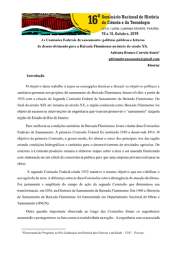 As Comissões Federais De Saneamento: Políticas Públicas E Leituras De Desenvolvimento Para a Baixada Fluminense No Início Do Século XX