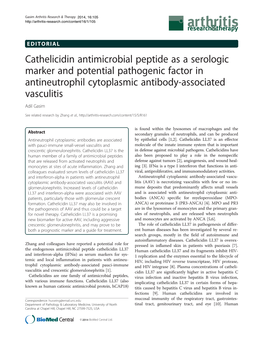 Cathelicidin Antimicrobial Peptide As a Serologic Marker and Potential Pathogenic Factor in Antineutrophil Cytoplasmic Antibody-Associated Vasculitis Adil Gasim