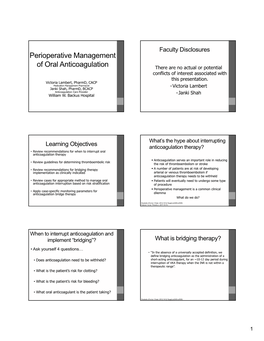 Perioperative Management of Oral Anticoagulation