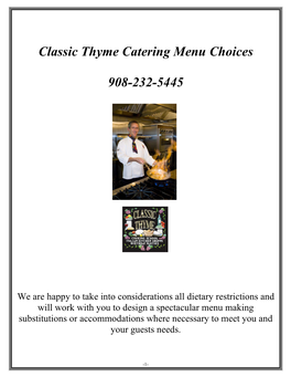 Classic Thyme Catering Menu Choices 908-232-5445