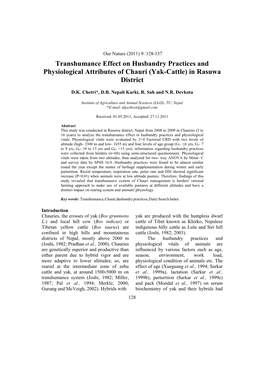 Transhumance Effect on Husbandry Practices and Physiological Attributes of Chauri (Yak-Cattle) in Rasuwa District