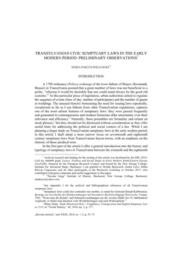 Transylvanian Civic Sumptuary Laws in the Early Modern Period: Preliminary Observations*