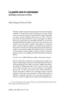 La Pasión Ante El Colonizador Identidades Y Emociones En Conflicto