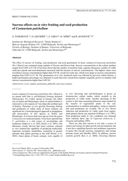 Sucrose Effects on in Vitro Fruiting and Seed Production of Centaurium Pulchellum