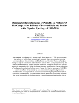 Democratic Revolutionaries Or Pocketbook Protestors? the Comparative Salience of Personal Rule and Famine in the Nigerien Uprisings of 2009-2010