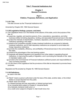 Title 7. Financial Institutions Act Chapter 1 General Provisions Part