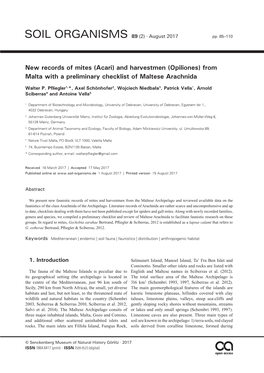 And Harvestmen (Opiliones) from Malta with a Preliminary Checklist of Maltese Arachnida