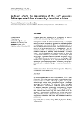 Cadmium Affects the Regeneration of the Leafy Vegetable Talinum Portulacifolium Stem Cuttings in Nutrient Solution