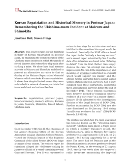 Korean Repatriation and Historical Memory in Postwar Japan: Remembering the Ukishima-Maru Incident at Maizuru and Shimokita