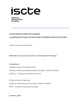 O Populismo De Direita No Facebook a Campanha Eleitoral Do Chega Para As Eleições Legislativas De 2019