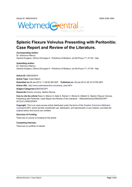 Splenic Flexure Volvulus Presenting with Peritonitis: Case Report and Review of the Literature