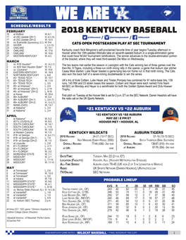 2018 KENTUCKY BASEBALL 16 at Wofford W, 6-1 17 at USC Upstate (DH-1) W, 6-5 (10) 17 at USC Upstate (DH-2) W, 10-3 18 Vs