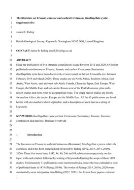 1 the Literature on Triassic, Jurassic and Earliest Cretaceous Dinoflagellate Cysts: 1 Supplement Five 2 3 James B. Riding 4