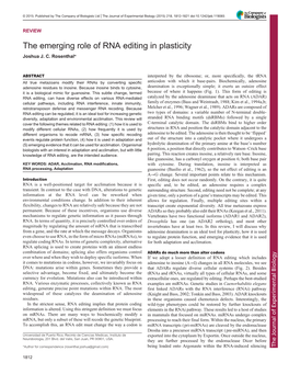 The Emerging Role of RNA Editing in Plasticity Joshua J