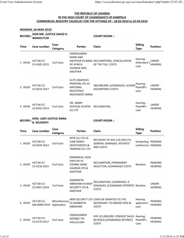 THE REPUBLIC of UGANDA in the HIGH COURT of UGANDA(HCT) at KAMPALA COMMERCIAL REGISTRY CAUSELIST for the SITTINGS of : 18-03-2019 to 22-03-2019