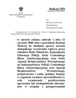 Druk Nr 2951 Warszawa, 6 Marca 2009 R