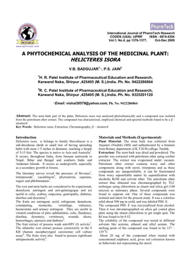 A Phytochemical Analysis of the Medicinal Plant: Helicteres Isora