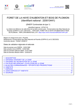 FORET DE LA HAYE D'aubenton ET BOIS DE PLOMION (Identifiant National : 220013441)