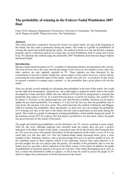 The Probability of Winning in the Federer-Nadal Wimbledon 2007 Final