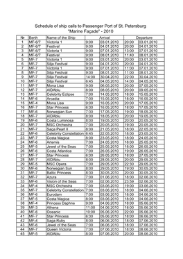 Schedule of Ship Calls to Passenger Port of St. Petersburg 