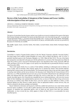 Review of the Lutrochidae (Coleoptera) of the Guianas and Lesser Antilles, with Description of Four New Species