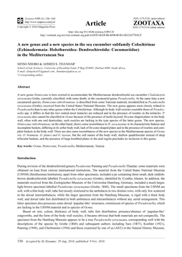 A New Genus and a New Species in the Sea Cucumber Subfamily Colochirinae (Echinodermata: Holothuroidea: Dendrochirotida: Cucumariidae) in the Mediterranean Sea