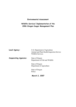 2007 Implementation of the Oregon Cougar Management Plan EA
