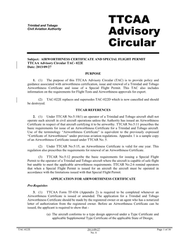 AIRWORTHINESS CERTIFICATE and SPECIAL FLIGHT PERMIT TTCAA Advisory Circular TAC- 022E Date: 2013/09/27