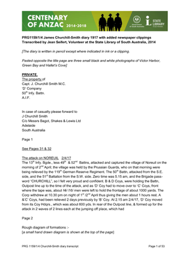 PRG1159/1/4 James Churchill-Smith Diary 1917 with Added Newspaper Clippings Transcribed by Jean Seifert, Volunteer at the State Library of South Australia, 2014