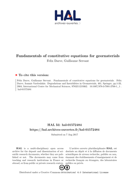 Fundamentals of Constitutive Equations for Geornaterials Felix Darve, Guillaume Servant