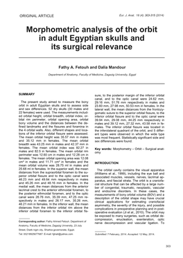 Morphometric Analysis of the Orbit in Adult Egyptian Skulls and Its Surgical Relevance