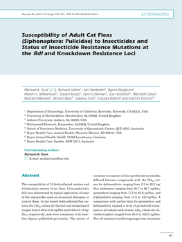 Susceptibility of Adult Cat Fleas (Siphonaptera: Pulicidae) to Insecticides and Status of Insecticide Resistance Mutations at the Rdl and Knockdown Resistance Loci