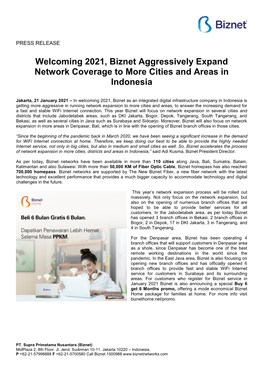 Welcoming 2021, Biznet Aggressively Expand Network Coverage to More Cities and Areas in Indonesia