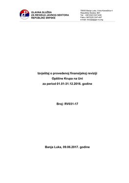 Izvještaj O Provedenoj Finansijskoj Reviziji Opštine Krupa Na Uni Za Period 01.01-31.12.2016